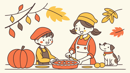 Mother and child baking a pumpkin pie together with their dog during autumn, surrounded by fall leaves.