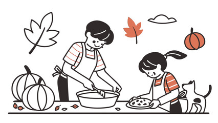 An adult and a child baking together in aprons, surrounded by pumpkins, autumn leaves, and a curious cat, depicting a cozy fall activity.