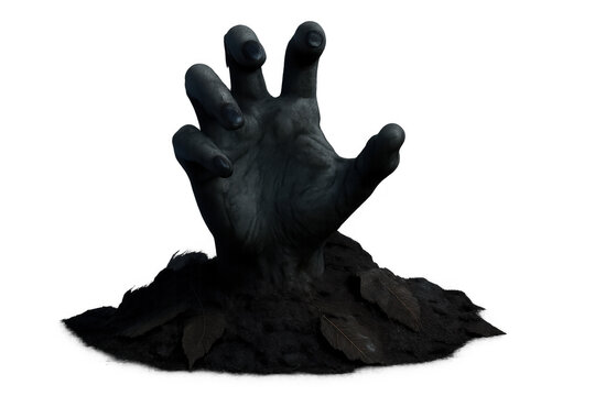 Zombie hand emerging from grave, reaching up from the ground, undead creature rising for a scary halloween concept