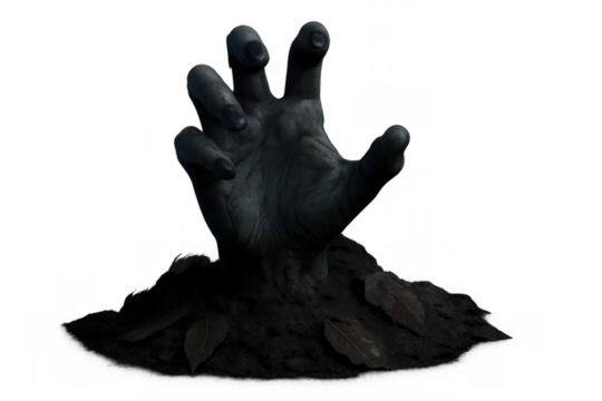 Zombie hand emerging from grave, reaching up from the ground, undead creature rising for a scary halloween concept