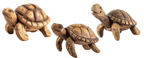 Rustic Driftwood Sea Turtle Figurine with Textured Surface and Carved Details, Transparent Background