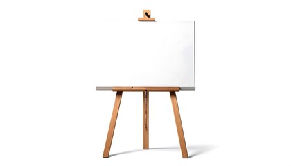 Wooden easel holding blank white canvas on white background