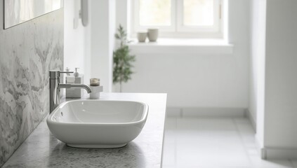 Fototapeta premium Clean White Sink in a Bathroom, maintenance focus