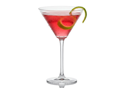 a perfectly centered, cold martini glass holds a vibrant cranberry-pink cosmopolitan cocktail with a razor-sharp lime twist garnish, isolated on a white studio background. concept for premium