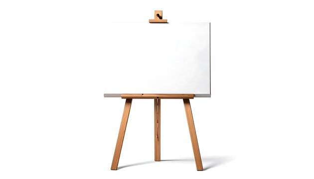 Wooden easel holding blank white canvas on white background