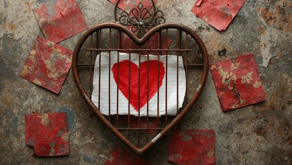 Painted heart design on notebook paper within a cage, symbolizing isolation