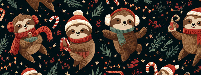 Whimsical holiday scene with cartoon sloths in Christmas attire surrounded by festive elements
