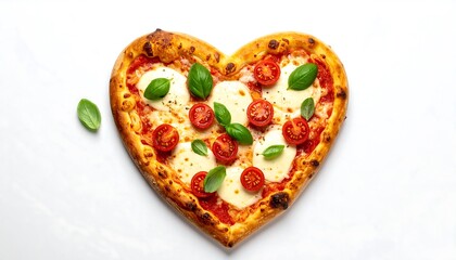 Heart-shaped pizza with mozzarella, cherry tomatoes, and basil on white background
