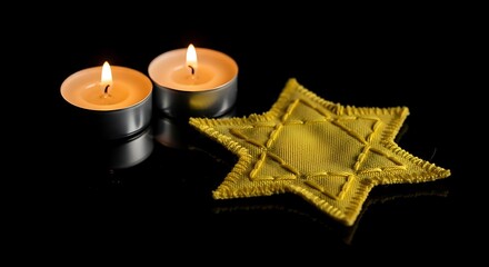 Two lit candles beside a yellow Star of David on black reflective surface light flame
