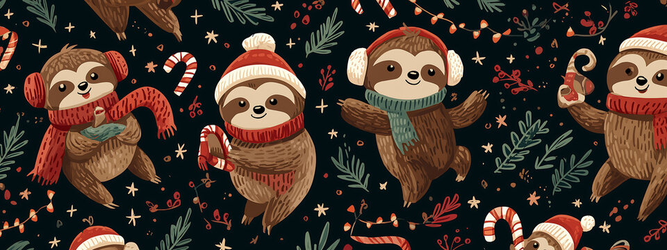 Whimsical holiday scene with cartoon sloths in Christmas attire surrounded by festive elements