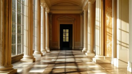 A grand neoclassical house style hallway with tall columns and large windows, sunlight casting shadows on the polished floor - Powered by Adobe