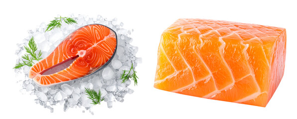 Top View of Thick Cut Salmon Steak with Ice Cubes and Green Dill, Transparent Background