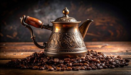 Antique Copper Coffee Pot Resting on a Pile of Roasted Coffee Beans with Steam Rising and a Dark Wooden Background