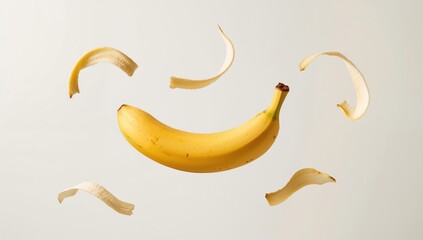 Falling banana slices scattering on a white backdrop, potential waste reduction