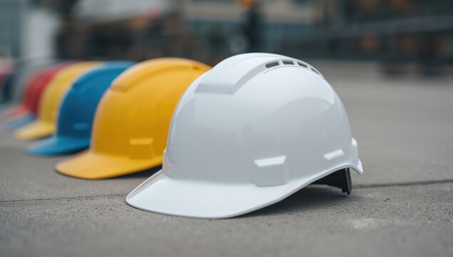 Close-up of hard safety helmets in blue, yellow, white, and red, essential for outdoor engineering projects, safety