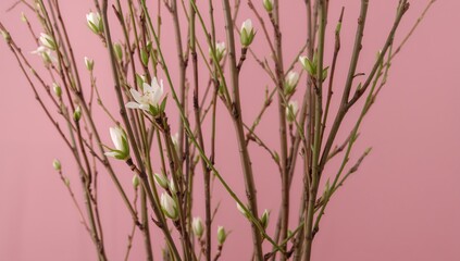 Willow branches with buds against a pink backdrop, ideal for spring-themed decor, Easter