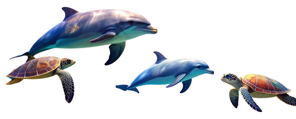 Tropical Marine Life Collage – Dolphin Swimming Above Reef with Turtle, Transparent Background