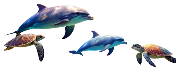 Tropical Marine Life Collage – Dolphin Swimming Above Reef with Turtle, Transparent Background