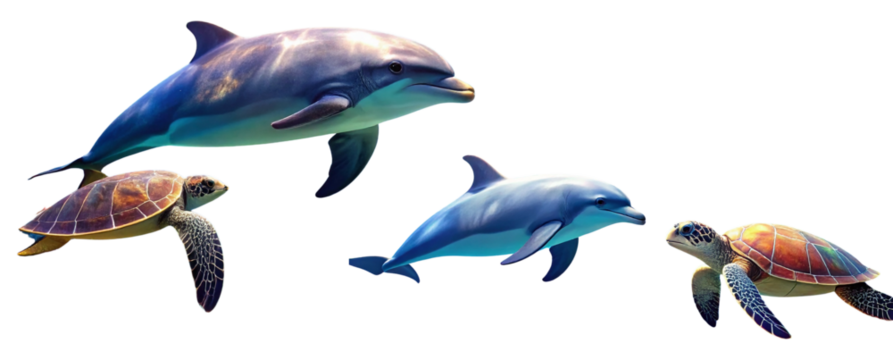 Tropical Marine Life Collage – Dolphin Swimming Above Reef with Turtle, Transparent Background - Powered by Adobe