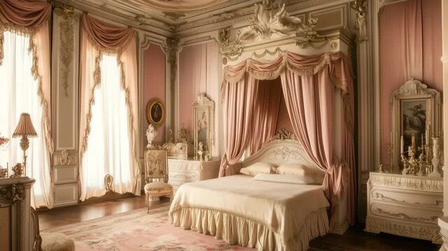 A luxurious neoclassical house style bedroom with ornate decor, featuring a four-poster bed draped in pink fabric, elegant mirrors, and soft lighting