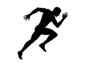Dynamic black silhouette of a male athlete sprinting in full motion against a white background
