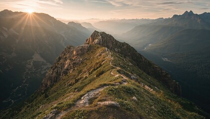 Aerial view of steep mountains surrounded by greenery and winding paths, highlighting the natural landscape's accessibility