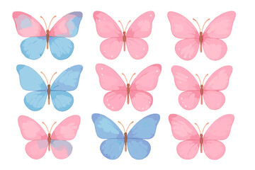 Set of pink and blue butterflies with watercolor texture on a white background