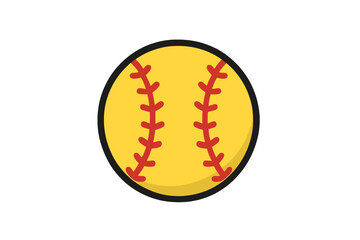 Obraz premium Bright yellow softball with prominent red stitching and thick black outline isolated on white background for sports design