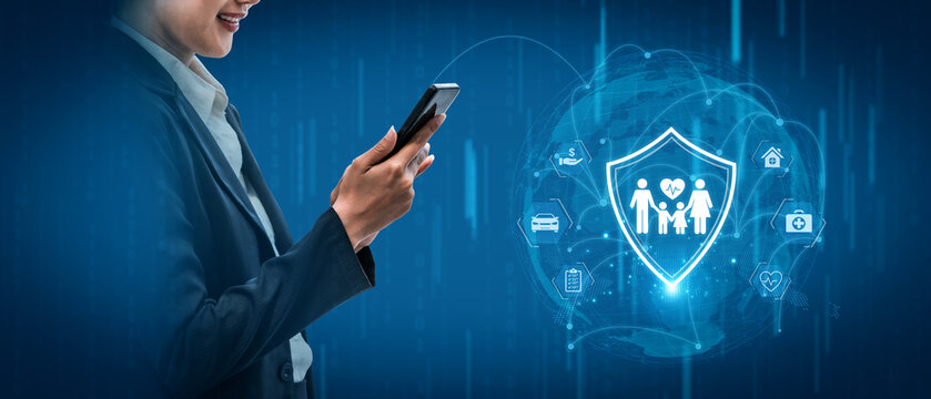 Concept of comprehensive insurance coverage and financial planning. A policy that provides life, health, and asset protection for a family's security and risk management. Fermion