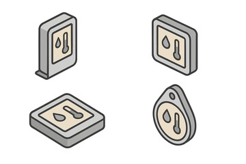 Isometric icons set showing weather conditions, temperature, humidity, and environmental monitoring symbols