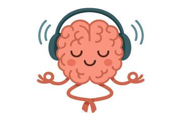 Cute cartoon brain character meditating and relaxing while listening to music through headphones