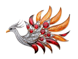 Majestic brooch depicting mythical phoenix. Luxury jewelry with ruby gemstone and diamond on transparency background
