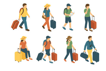 Isometric people traveling with suitcases and bags walking and waiting at an airport or station