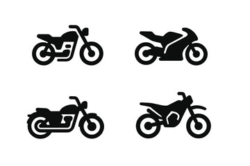 Obraz premium Set of four black silhouette motorcycle icons showing sport, dirt, and cruiser bikes