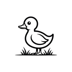Simple line art cartoon duckling standing in grass vector graphic Vector