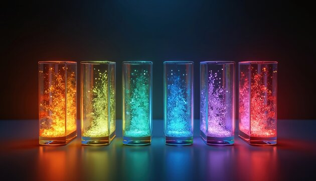 Six clear glasses contain colorful glowing particles in fluid. Each glass has a different bright hue, creating a vibrant rainbow effect against dark backdrop. Light emits from liquid inside.