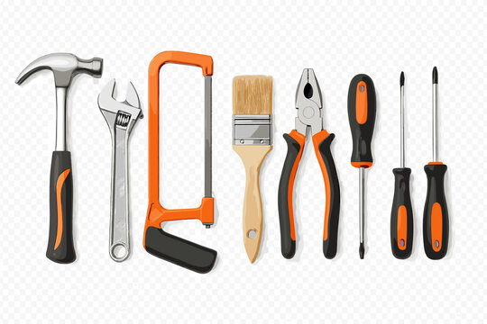 Collection of essential construction, repair, and DIY hand tools arranged in a line