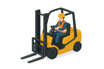 Warehouse worker operating a yellow forklift truck wearing safety vest and hard hat