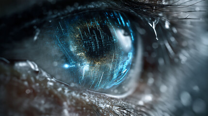 Extreme close-up of cyberpunk blue eye with digital overlay, data streams, dramatic lighting