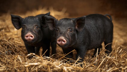 Vietnamese lol-bellied piglets resting in straw, focus on animal well-being