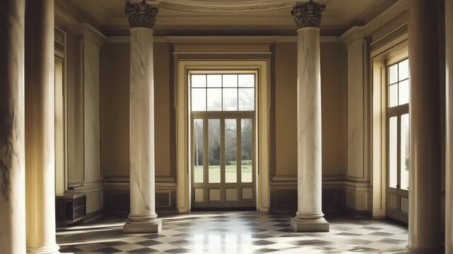 An elegant neoclassical interior space featuring tall marble columns, large windows allowing natural light, and a checkered floor design, creating a serene atmosphere