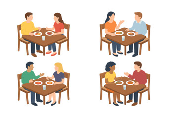 Fototapeta premium Four diverse couples sitting at restaurant tables having dinner and conversation