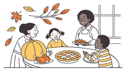A diverse family celebrating Thanksgiving with a festive meal, including turkey, pie, and pumpkin, surrounded by autumn leaves.