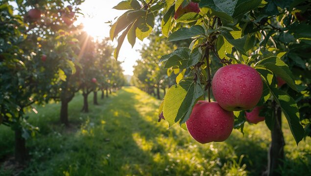 Vibrant Red Apples in Sunlit Garden, showcasing natural ripeness