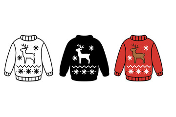 Three variations of a festive holiday sweater featuring a reindeer and snowflake pattern design