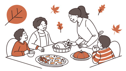 A happy family enjoying a festive Thanksgiving dinner with roasted turkey and pumpkin pie, surrounded by autumn leaves.