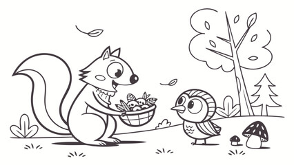 A friendly squirrel offers a basket of berries to a cute owl in a forest scene, a charming black and white illustration.