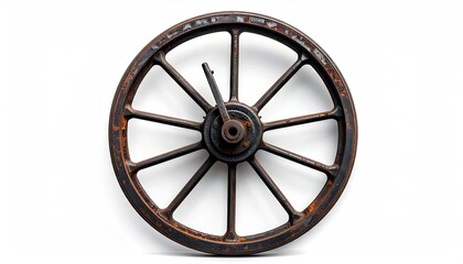 Antique Wooden Wagon Wheel with Rusty Metal Rim and Spokes Isolated on White Background