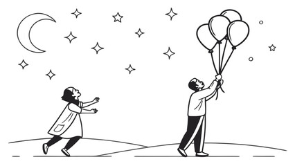 A child and an adult release balloons into the starry night sky with a crescent moon.