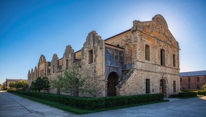 Naklejka premium Redruth Gaol structure, aged stone ruins reflecting historical significance, preservation